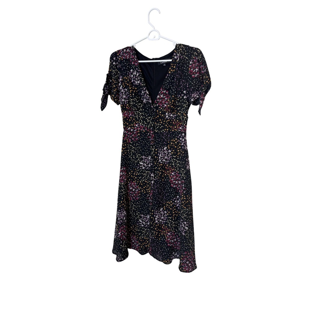 Lulusβ Dress Womens XS Black Floral Wrap Midi Puff Sleeve Fit & Flare Party
